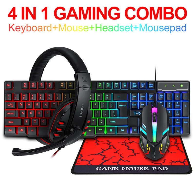 Gaming Keyboard Mouse Set - T-WOLF 게임 4종 세트 TF800 발광